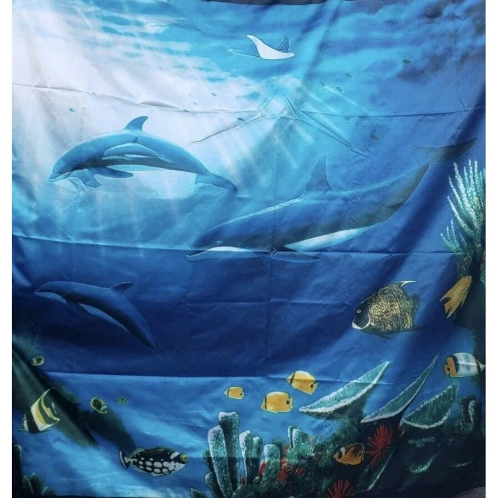 Vtg Wyland 1998 Whale Dolphin Tropical Fish Shower Curtain New Home Decor RARE